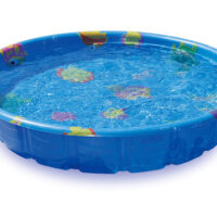 A cool blue Yeti Cooler with Blender and ICE, with colorful designs, perfect for summertime relaxation.